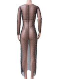 Plataz Mesh Solid Color Beading Pearl Rhinestone Long Sleeve Cover-ups Side Slit Photoshoot Maternity Maxi Dress Maternity