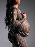 Plataz Mesh Solid Color Beading Pearl Rhinestone Long Sleeve Cover-ups Side Slit Photoshoot Maternity Maxi Dress Maternity