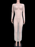 Plataz Mesh Solid Color Beading Pearl Rhinestone Long Sleeve Cover-ups Side Slit Photoshoot Maternity Maxi Dress Maternity