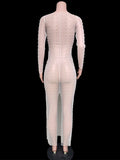 Plataz Mesh Solid Color Beading Pearl Rhinestone Long Sleeve Cover-ups Side Slit Photoshoot Maternity Maxi Dress Maternity