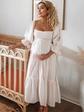 Plataz White Off Shoulder Ruffle Shirred Boat Neck Puff Sleeve Bow Bohemian Ivory Maternity Photoshoot Dress Maternity