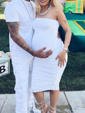 Plataz White Spaghetti Strap Bandeau Backless Ruffle Bodycon Cute Baby Shower Maternity Midi Dress Maternity