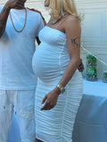 Plataz White Spaghetti Strap Bandeau Backless Ruffle Bodycon Cute Baby Shower Maternity Midi Dress Maternity