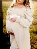 Plataz Ruffle High Waist Falbala Boho Flowy Long Sleeve Plus Size Baby Shower Maternity Photoshoot Midi Dress Maternity