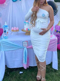 Plataz White Off Shoulder Ruffle Sashes Bodycon Cute Baby Shower Long Sleeve Maternity Midi Dress Maternity