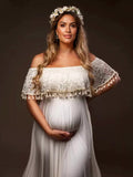 Plataz Patchwork Lace Tassel Slit Photoshoot Baby Shower Pregnant Maternity Maxi Dress Maternity