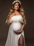 Plataz Patchwork Lace Tassel Slit Photoshoot Baby Shower Pregnant Maternity Maxi Dress Maternity