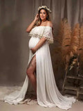 Plataz Patchwork Lace Tassel Slit Photoshoot Baby Shower Pregnant Maternity Maxi Dress Maternity