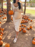 Plataz Solid Knitted Rib Fabric Off Shoulder V-neck Fall Fashion Maternity Photoshoot Maxi Dress Maternity