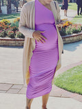 Plataz Lavender One Shoulder Ruched Shirred Bodycon Baby Shower Maternity Midi Dress Maternity