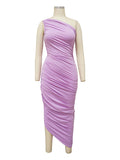 Plataz Lavender One Shoulder Ruched Shirred Bodycon Baby Shower Maternity Midi Dress Maternity