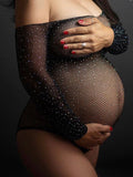 Plataz Black Off Shoulder Maternity Photoshoot Body Rhinestones Crystal Bodysuit Maternity