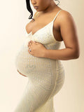 Plataz Apricot Mesh Rhinestone Spaghetti Strap Mermaid Cami Evening Gown Elegant Maternity Club Photoshoot Maxi Dress Maternity