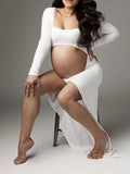 Plataz White Ruffle Cut Out Crop Side Slit Irregular Bodycon Photoshoot Maternity Maxi Dress Maternity
