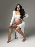 Plataz White Ruffle Cut Out Crop Side Slit Irregular Bodycon Photoshoot Maternity Maxi Dress Maternity