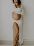 Plataz White Ruffle Cut Out Crop Side Slit Irregular Bodycon Photoshoot Maternity Maxi Dress Maternity