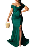 Plataz Off Shoulder Short Sleeve V-Neck High Split Bodycon Solid Baby Shower Party Gown Maternity Maxi Dress Maternity