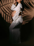 Plataz White 2 Piece Crochet Mesh Backless Flare Sleeve Bodycon Vacation Beach Photoshoot Baby Shower Maternity Maxi Dress Maternity
