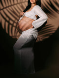 Plataz White 2 Piece Crochet Mesh Backless Flare Sleeve Bodycon Vacation Beach Photoshoot Baby Shower Maternity Maxi Dress Maternity