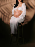 Plataz White 2 Piece Crochet Mesh Backless Flare Sleeve Bodycon Vacation Beach Photoshoot Baby Shower Maternity Maxi Dress Maternity