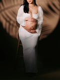 Plataz White 2 Piece Crochet Mesh Backless Flare Sleeve Bodycon Vacation Beach Photoshoot Baby Shower Maternity Maxi Dress Maternity