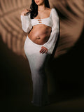Plataz White 2 Piece Crochet Mesh Backless Flare Sleeve Bodycon Vacation Beach Photoshoot Baby Shower Maternity Maxi Dress Maternity