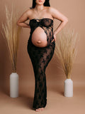 Plataz 2 Piece Lace Tube Tie Ruffle Elegant Fashion Bodycon Vacation Photoshoot Baby Shower Maternity Maxi Dress Maternity
