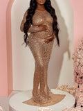Plataz Sparkly Diamond Rhinestone Mesh Slit Long Sleeve Mermaid Sheer Maternity Photoshoot Elegant Baby Shower Party Maxi Dress Maternity