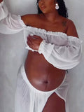 Plataz Chic White Two Piece Falbala Slits On Both Sides Transparent Off Shoulder Flowy Beach Maternity Photoshoot Maxi Dress Maternity