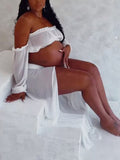Plataz Chic White Two Piece Falbala Slits On Both Sides Transparent Off Shoulder Flowy Beach Maternity Photoshoot Maxi Dress Maternity