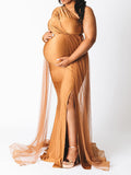 Plataz Khaki One Shoulder Cut Out Tulle Train Side Slit Plus Size Maternity Photoshoot Dresses Maternity