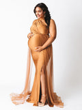 Plataz Khaki One Shoulder Cut Out Tulle Train Side Slit Plus Size Maternity Photoshoot Dresses Maternity
