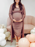 Plataz Ruched Cowl Neck Two Piece Spaghetti Strap Long Dress And Duster Coat Long Sleeve Babyshower Maternity Maxi Dress Maternity