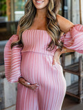Plataz Pink Off Shoulder Bandeau Ribbed Pleated Bodycon Puff Sleeve Evening Gown Baby Shower Maternity Maxi Dress Maternity