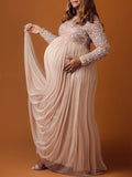 Plataz Sequin Tulle Splicing Long Sleeve Party Gown Photoshoot Maternity Baby Shower Maxi Dress Maternity