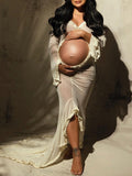 Plataz Ivory Sheer Ruffle Cut Out Crop Slit Falbala Deep V-neck Mermaid Elegant Maternity Photoshoot Maxi Dress Maternity