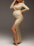 Plataz Golden Glitter Sequin Side Slit V-neck Elegant Eevning Gown Maternity Photoshoot Baby Shower Party Maxi Dress Maternity