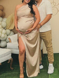 Plataz Champagne Gold One Shoulder Backless Side Slit Satin Evening Babyshower Maternity Maxi Dress Maternity