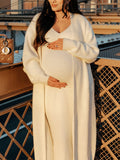 Plataz White Knitting V-Neck Bodycon Two Pieces Cardigan Elegant Baby Shower Maternity Maxi Sweater Dress Maternity