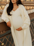 Plataz White Knitting V-Neck Bodycon Two Pieces Cardigan Elegant Baby Shower Maternity Maxi Sweater Dress Maternity