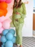 Plataz 2 Piece Mesh Print Ruffle Tie Slit Flare Sleeve Vacation Photoshoot Baby Shower Maternity Maxi Dress Maternity