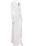 Plataz White 2 Pieces Ruched Drawstring Knot Side Slit Backless V-neck Baby Shower Photoshoot Maternity Maxi Dress Maternity