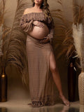Plataz Khaki 2 Pieces Tassel Cut Out Side Slit Beach Photoshoot Maternity Maxi Dress Maternity