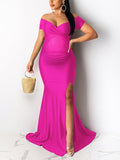 Plataz Solid Color Off Shoulder Side Slit Bodycon Mermaid Prom Evening Party Gwon Maternity Maxi Dress Maternity