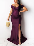 Plataz Solid Color Off Shoulder Side Slit Bodycon Mermaid Prom Evening Party Gwon Maternity Maxi Dress Maternity