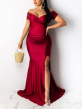 Plataz Solid Color Off Shoulder Side Slit Bodycon Mermaid Prom Evening Party Gwon Maternity Maxi Dress Maternity