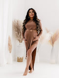 Plataz Light Coffee Bodycon Side Slit Cutout Bare Waist Cascading Ruffle Party Photoshoot Maternity Maxi Dress Maternity