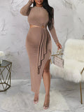 Plataz Light Coffee Bodycon Side Slit Cutout Bare Waist Cascading Ruffle Party Photoshoot Maternity Maxi Dress Maternity