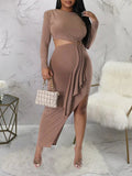 Plataz Light Coffee Bodycon Side Slit Cutout Bare Waist Cascading Ruffle Party Photoshoot Maternity Maxi Dress Maternity