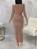 Plataz Light Coffee Bodycon Side Slit Cutout Bare Waist Cascading Ruffle Party Photoshoot Maternity Maxi Dress Maternity